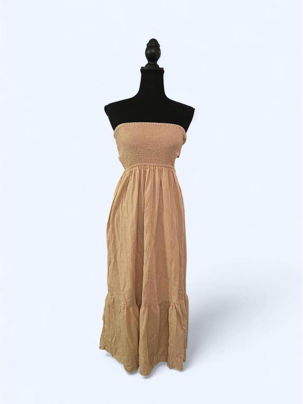 Tan strapless boho maxi dress cottagecore tiered festival size Small